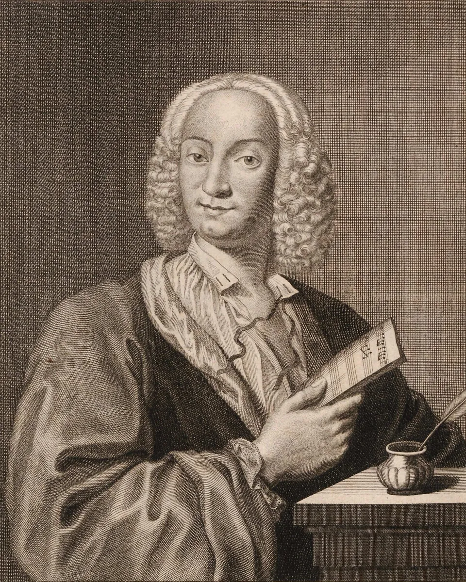Engraved portrait of Antonio Vivaldi holding a sheet of music
